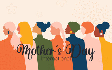 International Mother's Day. Women of different nationalities and religions together on a light pink horizontal banner. 