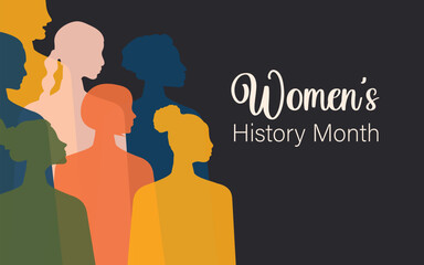 Women's History Month. Women of different ages, nationalities and religions come together and are located on a black horizontal banner. Vector.