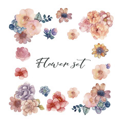 Pastel watercolour flowers. Floral set for printing on textiles, prints, clothes, blanks for designers