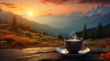 A cup of coffee on the toaca peak in the carpathians at sunset romania. Generative Ai - obrazy, fototapety, plakaty