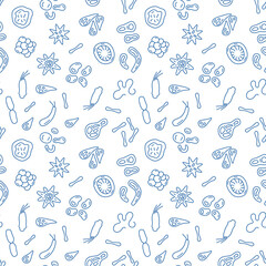 Seamless Pattern with bacteria, viruses and microbes concept blue line icons