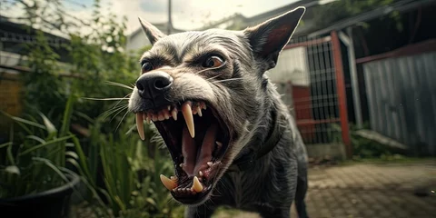Fotobehang illustration of angry dog in back yard photorealistic, generative AI © VALUEINVESTOR