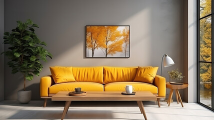 Relaxing sofa area with coffee table and hot drink in modern home interior. Generative Ai