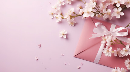 Valentine's Day background. Pink flowers, plaid, envelope on white background. Generative Ai