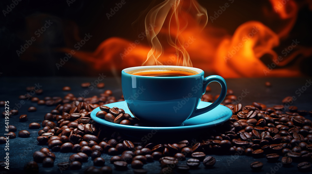 Poster coffee latte with cookies and coffiee beans. generative ai