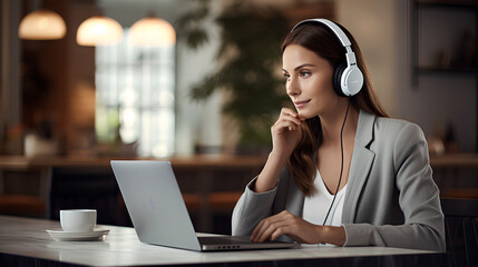 Young businesswoman with headphones sitting in front of laptop and working from home - obrazy, fototapety, plakaty
