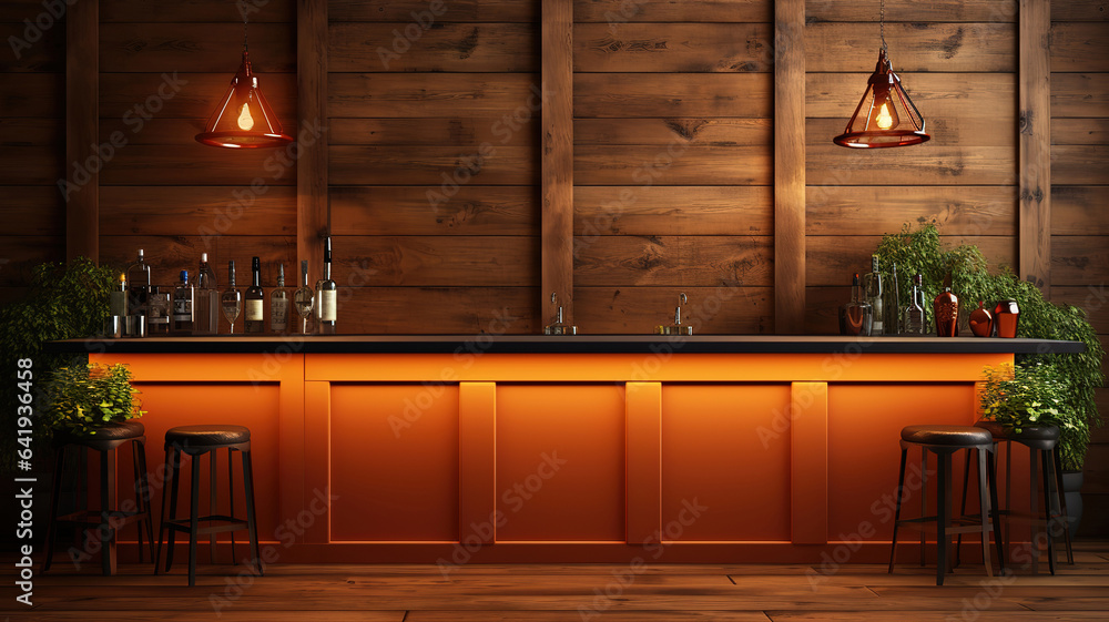Poster wooden table looking out to bar with big windows. generative ai