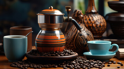 Fototapeta premium Coffee preparation concept still life. Generative Ai