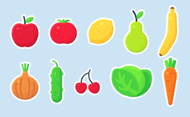 Juicy simple fruit vector stickers. Cute fruit vector illustrations. Apple, pineapple, banana, orange, kiwi, watermelom.  