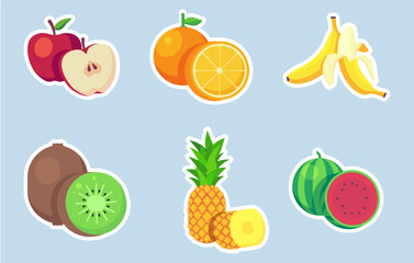 Juicy simple fruit vector stickers. Cute fruit vector illustrations. Apple, pineapple, banana, orange, kiwi, watermelom.  