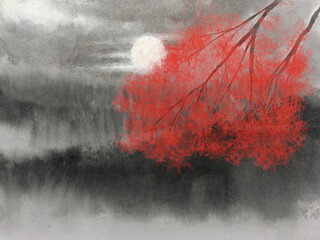 watercolor painting hand-drawn full moon and red maple tree mountains fog landscape.