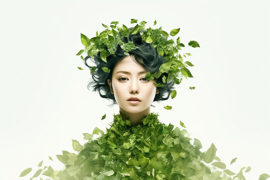 A portrait of beauty woman with nature green leaf, Asia face perfect healthy glow skin on white background. Generative AI.