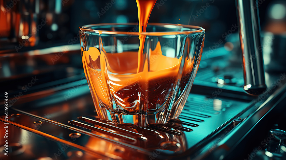 Poster espresso pouring from bottomless portafilter. generative ai