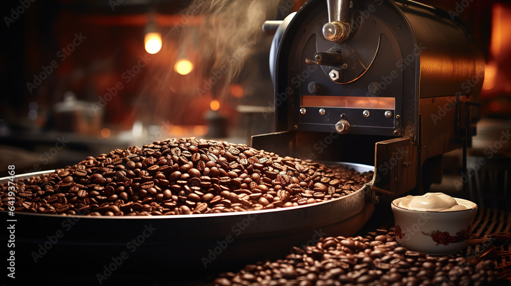 Poster close-up of coffee beans in container. generative ai