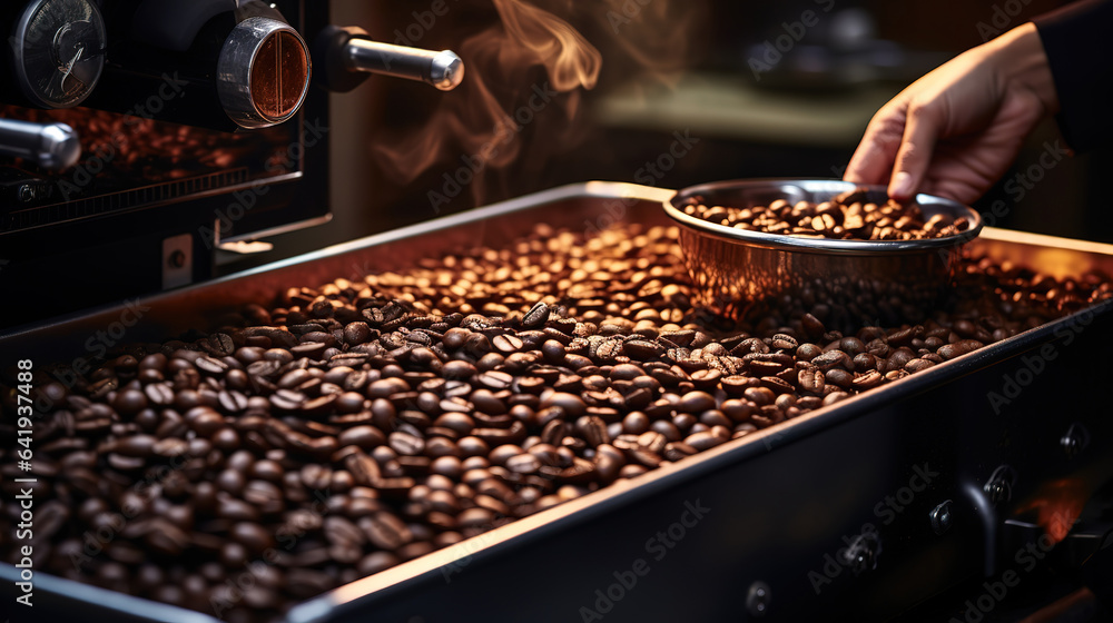 Poster hands of unrecognizable man holding handful of coffee beans from burlap sack. generative ai