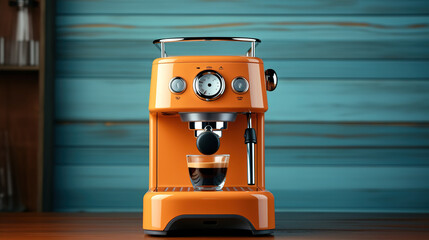 Coffee maker machine on table on empty white wall background. Generative Ai