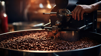 Hands holding freshly roasted aromatic coffee beans over a modern coffee roasting machine. Generative Ai - obrazy, fototapety, plakaty