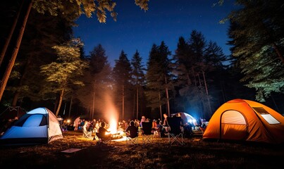 Photo of people enjoying a cozy evening around a campfire in the wilderness