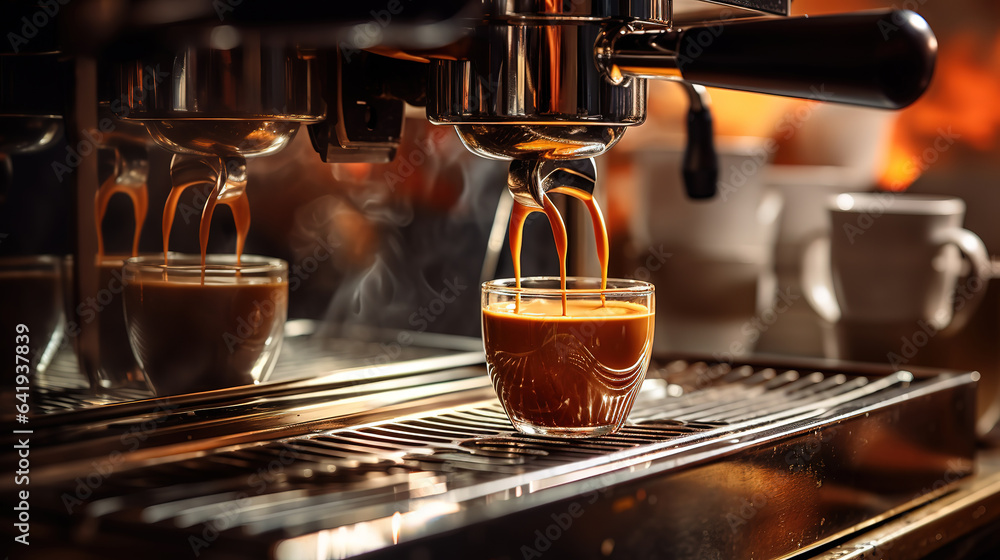 Poster coffee machine filling two cups at a time. generative ai