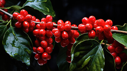 Coffee beans ripening, fresh coffee, red berry branch. Generative Ai - obrazy, fototapety, plakaty