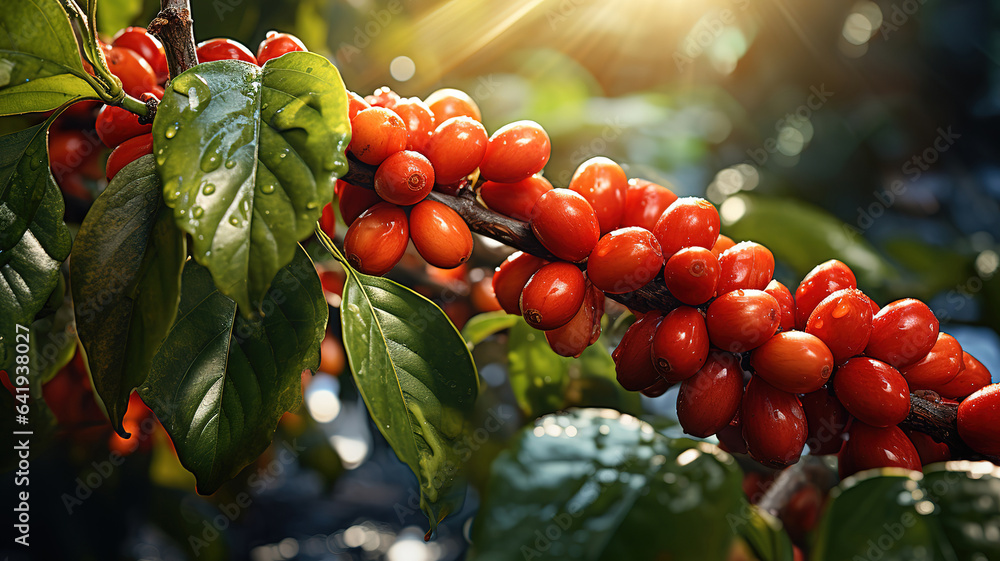 Poster tree with small green and red berries on it. generative ai