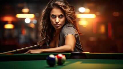 Billiard beautiful model woman player. Generative AI