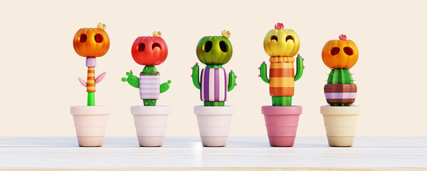 Jack O lanterns cute Halloween spooky pumpkin colorful color with green cactus succulent plant body in little flowerpot on table 3D rendering