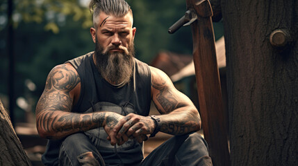 Tattooed woodcutter. Smiling, virile and satisfied. Generative AI