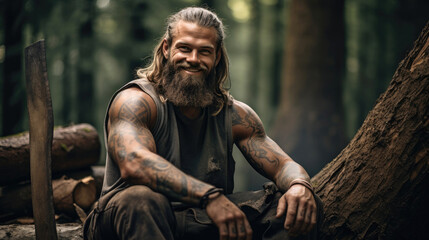 Tattooed woodcutter. Smiling, virile and satisfied. Generative AI