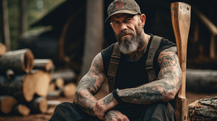 Tattooed woodcutter. Smiling, virile and satisfied. Generative AI