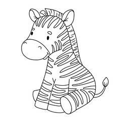 Cute sitting zebra. Outline illustration for kids. Line safari animal for coloring page.