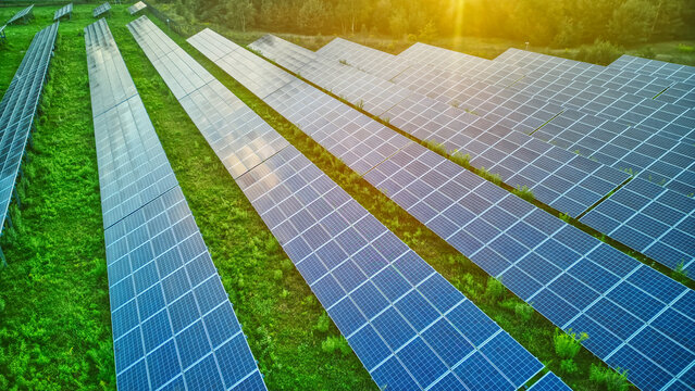 Aerial top view of a solar pannels power plant. Renewable energy concept.
