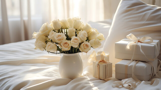Wedding gifts and flowers in an elegant white bedroom. Generative Ai