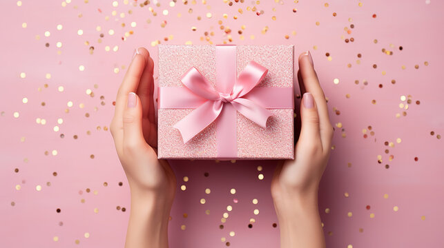 Close-up of hands showing white wrapped gift box tied with pink ribbon. Generative Ai
