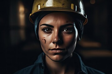 Close-up image of a female firefighter after work. AI generative