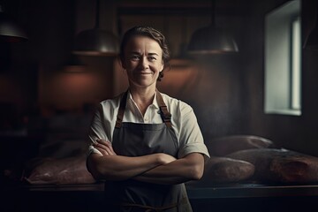 Proud female butcher standing with arms crossed. AI generative