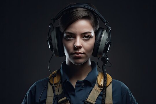 Female carpenter standing with protective gear. AI generative