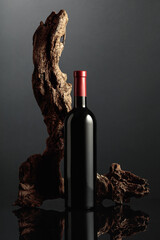 Bottle of red wine on a black reflective background.