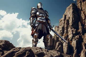 Medieval knight in dark steel armor with a sword - obrazy, fototapety, plakaty
