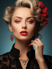 Fototapeta premium Portrait Sexy woman beauty face and Beauty Red Lips Makeup Detail , Lips Skin Care , Created with Generative Ai Technology