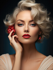 Fototapeta premium Portrait Sexy woman beauty face and Beauty Red Lips Makeup Detail , Lips Skin Care , Created with Generative Ai Technology