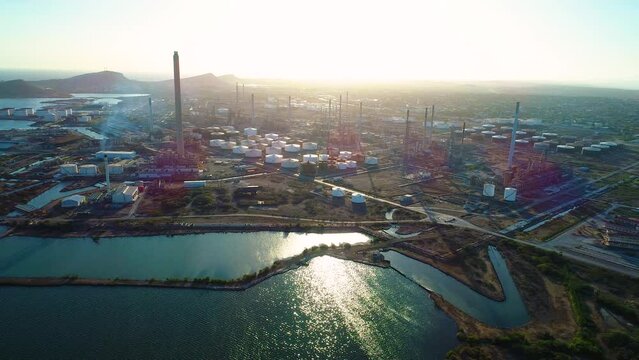 Panoramic overview of toxic oil refinery and asphalt lake in willemstad curacao