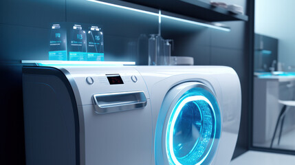 Freestanding washer dryer, futuristic concept for exhibitions and shows. Digital control - obrazy, fototapety, plakaty
