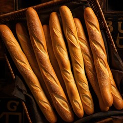 Fresh tasty Baguettes on street food market. Concept of french delicious food