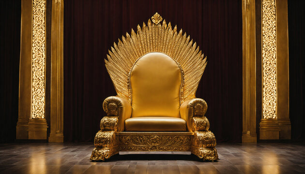 empty royal king throne made of gold with golden flame feder decoration on black background with light shining from top, generative AI