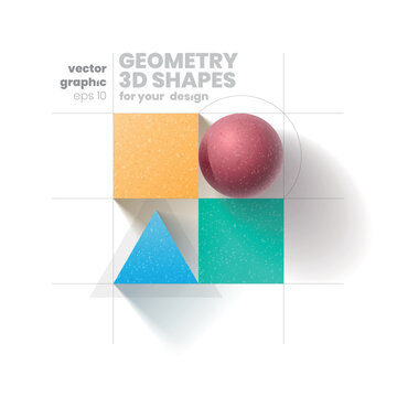 geometry 3d shapes composition for web design and social media, with outline grid and shadow, 3d elements with acrilic stone material on the isolated white background, abstract