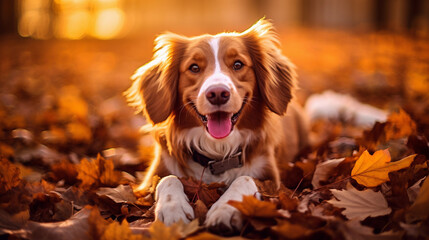 A Dog's Blissful Day in the Picturesque Beauty of an Autumn Park Filled with Colorful Foliage