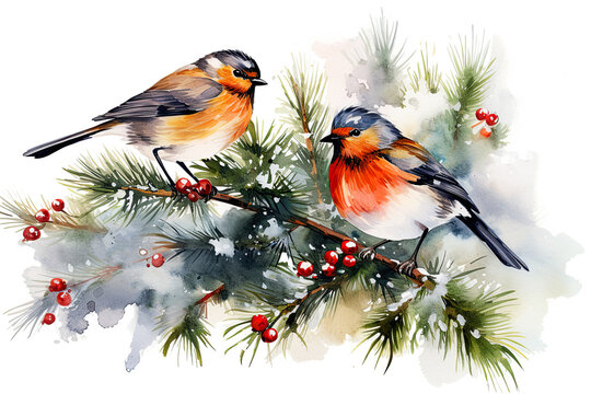 Christmas Poster. illustration of Christmas Background with branches of christmas tree and birds