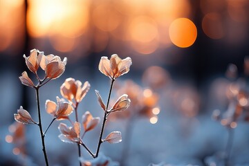 An enchanting background displaying frosted wildflowers illuminated by the sunrise, with a softly blurred backdrop. Photorealistic illustration, Generative AI