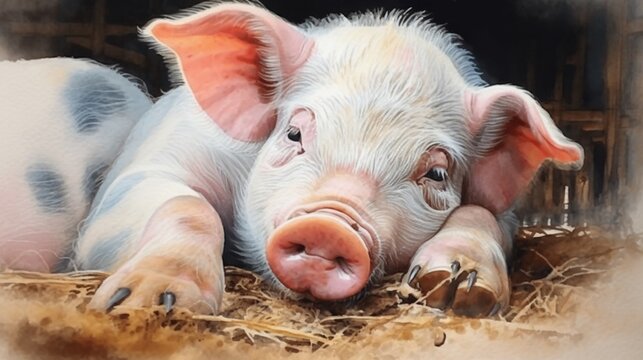 Water color painting of two pigs laying with their snou.Generative